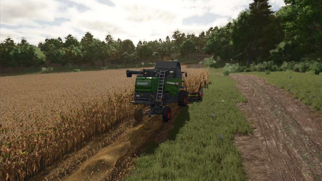 FS25 mod Extended Straw Crops v1.0.0.0: Harvester working in a cornfield. Farming Simulator 25 mods enhance game realism.