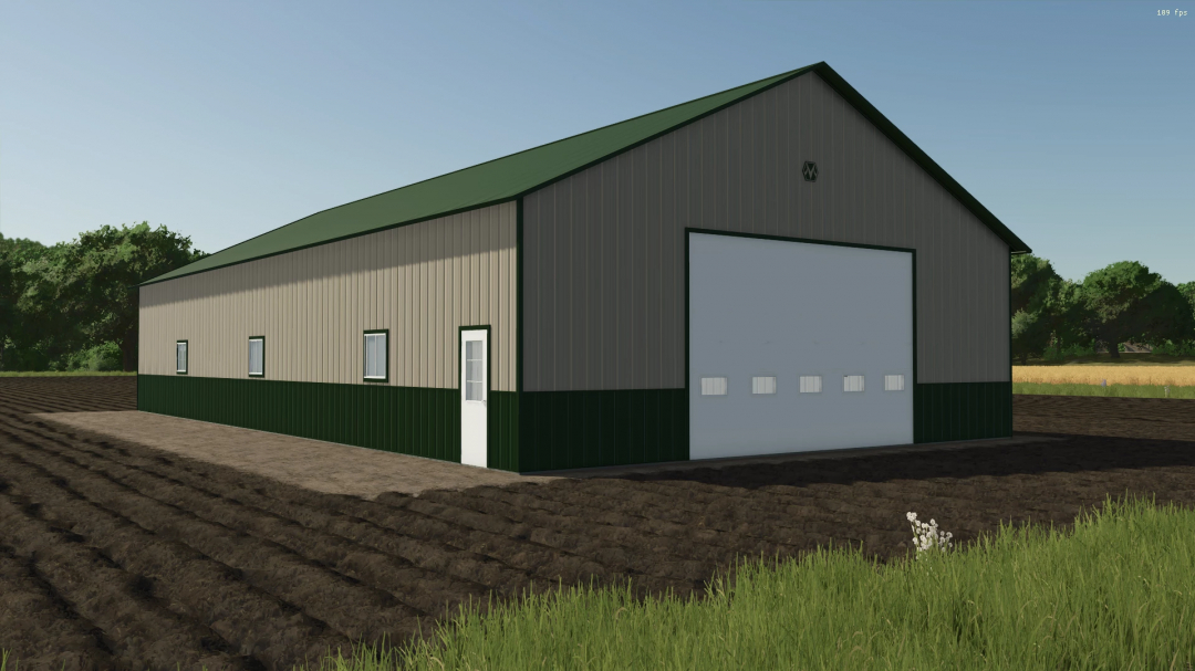 FS25 42x80 Shop mod, large green and beige building in Farming Simulator 25.