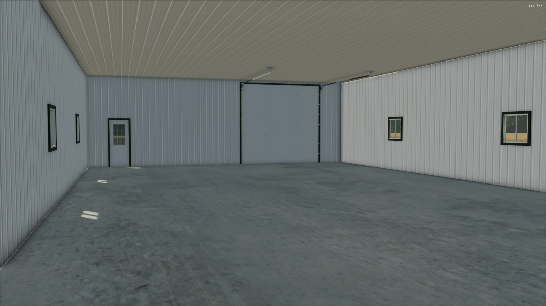 Interior of FS25 mod 42x80 Shop showing spacious garage area.