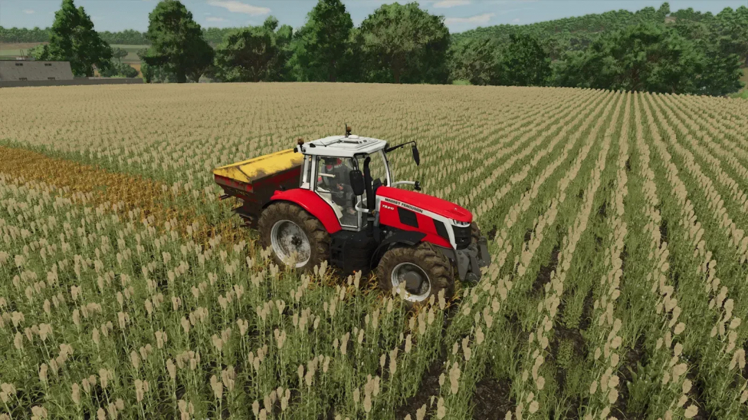 FS25 Bredal F2WS4000 mod in Farming Simulator 25, red tractor spreading fertilizer in a lush green field.