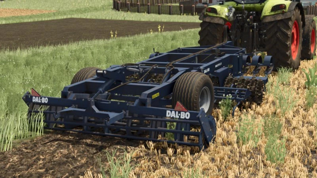 FS25 Dalbo Multiflex 3M mod featured in Farming Simulator 25, showing a blue agricultural implement attached to a tractor.