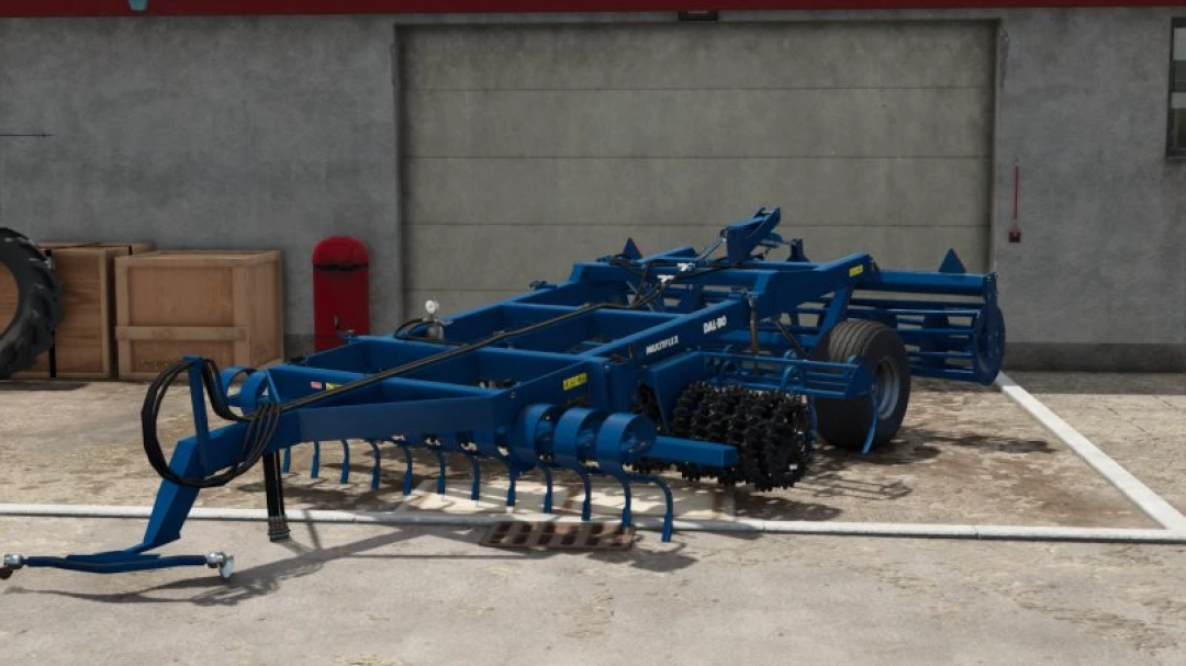 FS25 Dalbo Multiflex 3M mod displayed in Farming Simulator 25, showcasing blue agricultural equipment parked in a yard.