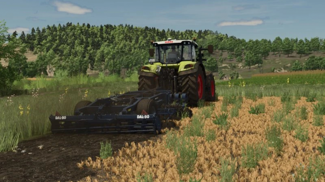 Tractor using FS25 Dalbo Multiflex 3M mod in Farming Simulator 25 on a field.