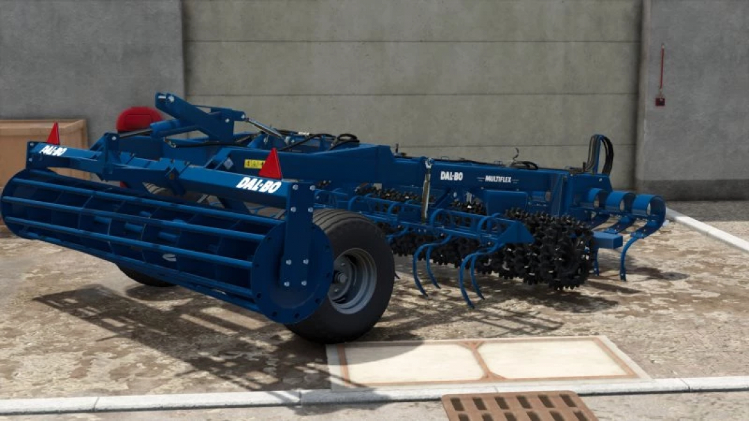 FS25 Dalbo Multiflex 3M v1.0.0.0 mod for Farming Simulator 25, showing a blue agricultural implement with rollers and tines.