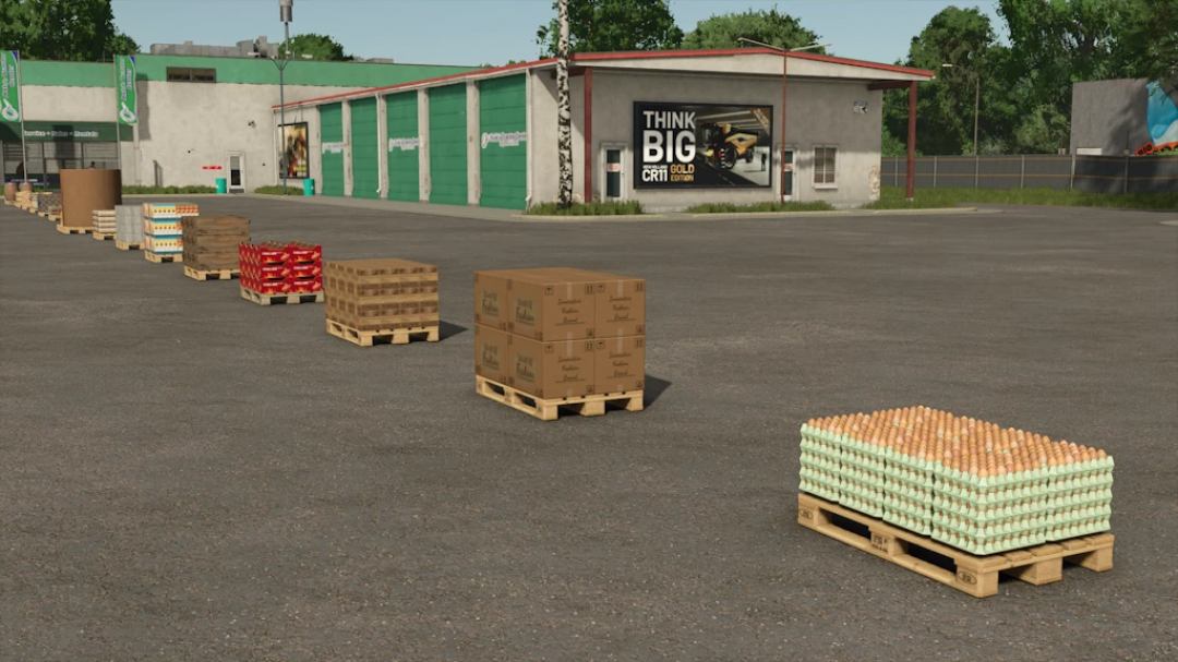 FS25 Dirt Cheap Pallets mod showcases pallets of various goods in Farming Simulator 25.