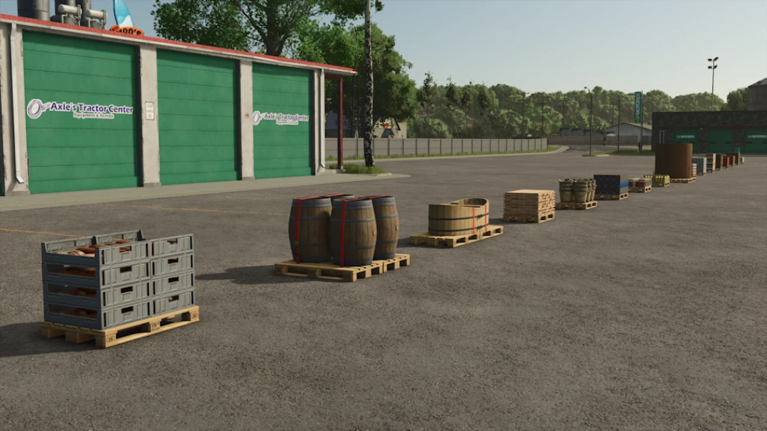 FS25 Dirt Cheap Pallets v1.0.0.0 mod in Farming Simulator 25, featuring wooden and plastic pallets in a parking lot.