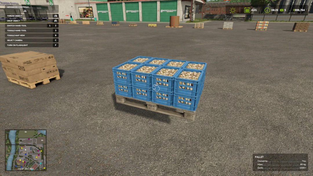 FS25 Dirt Cheap Pallets mod showing blue crates on pallets in Farming Simulator 25.