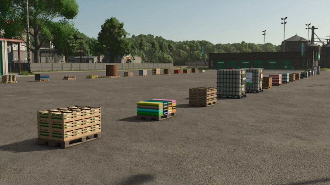 FS25 Dirt Cheap Pallets mod v1.0.0.0 showing various pallets on a farmyard in Farming Simulator 25.