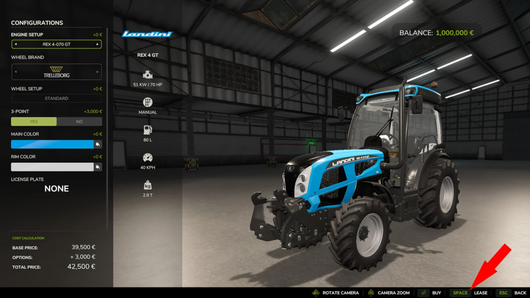 FS25 mod screenshot showing Landini tractor configurations with leasing option highlighted.