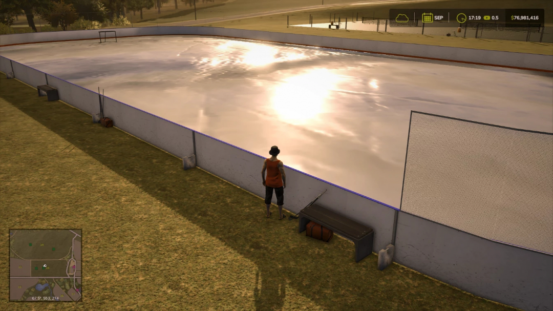 FS25 mod showing a hockey rink with reflective ice and a player character nearby, showcasing Farming Simulator 25's customization features.