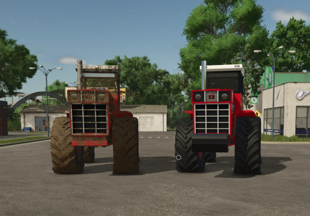 FS25 mods featuring two International Series 1486 tractors, one weathered and one pristine, showcased on a road.