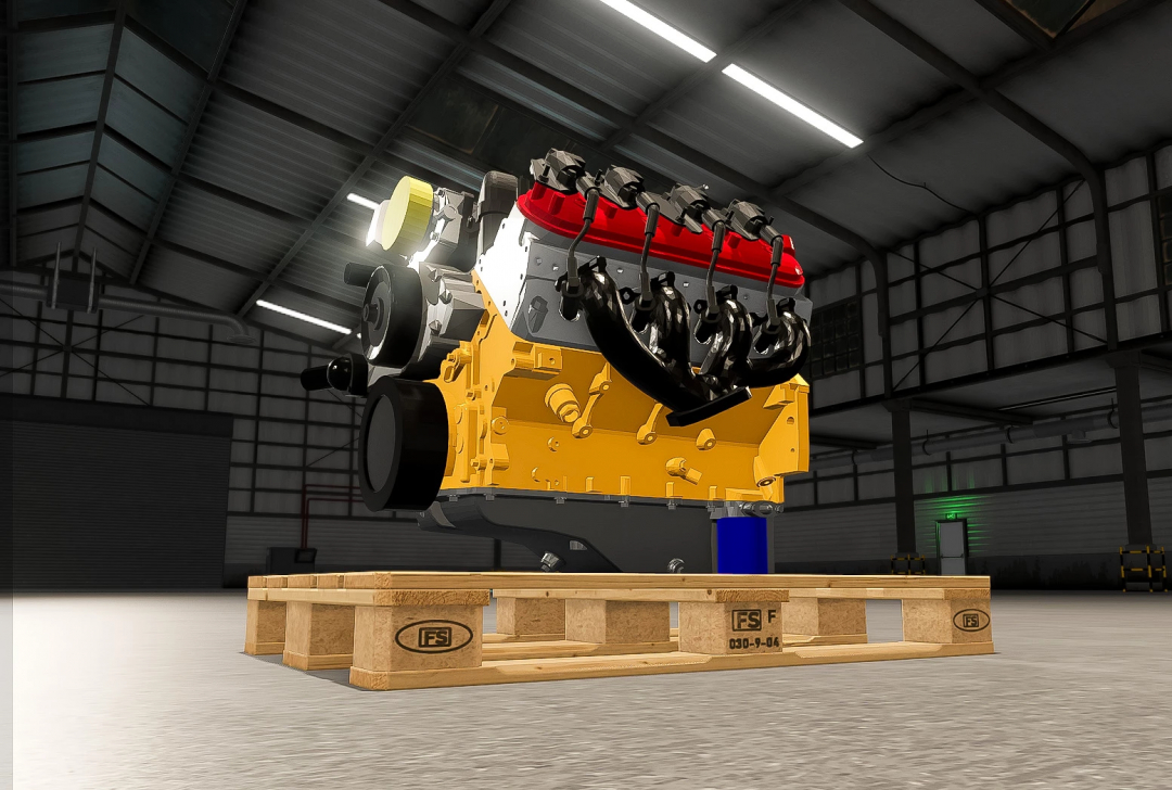 FS25 Lizard LS7 Engine mod in a warehouse for Farming Simulator 25.