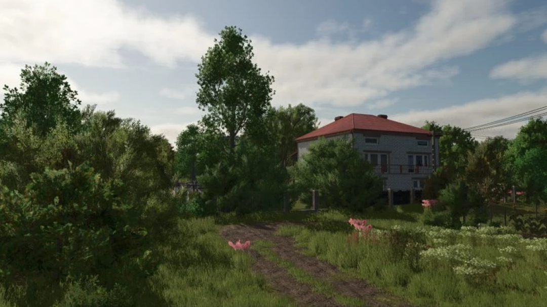 FS25 Osina Wielka mod: Scenic view of a rural house surrounded by lush greenery in Farming Simulator 25.