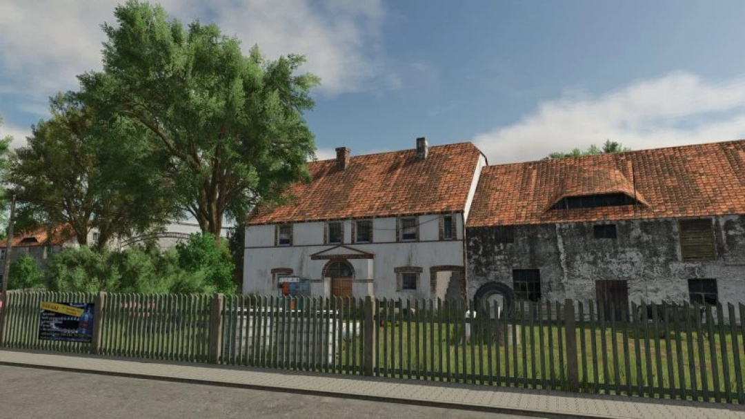 FS25 Osina Wielka mod features a rustic farmhouse with red-tiled roof and lush trees in Farming Simulator 25.