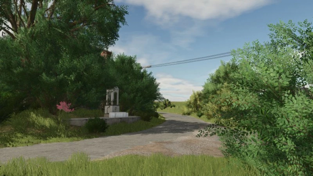 FS25 Osina Wielka mod v1.0.0.0: scenic rural road with lush greenery in Farming Simulator 25.