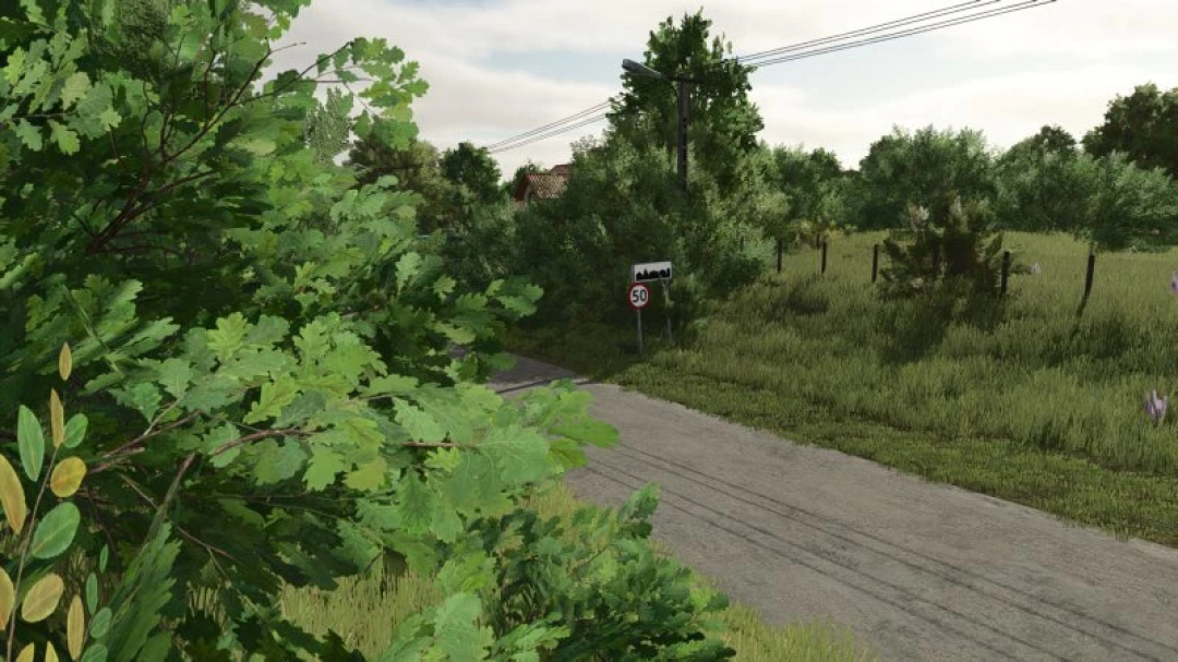 Lush greenery and a rural road with a speed limit sign in FS25 Osina Wielka mod for Farming Simulator 25.