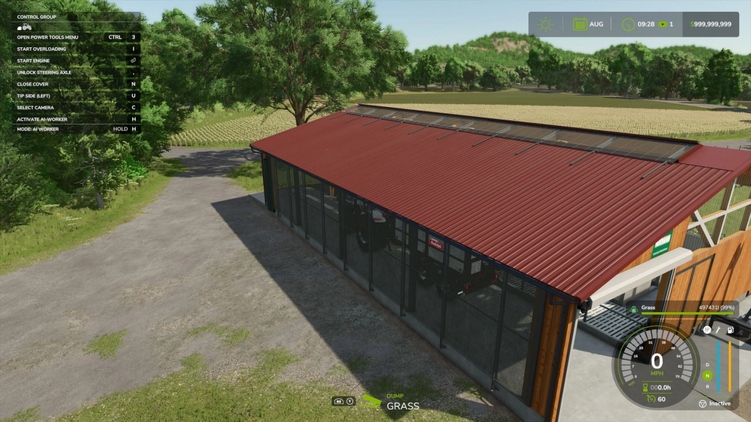 FS25 mod noCollisionCamera view of shed with red roof in Farming Simulator 25, lush greenery surrounding area.