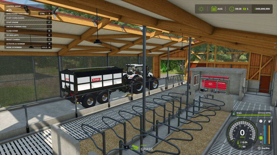 Tractor with trailer in a barn in FS25 using FS25noCollisionCamera mod.