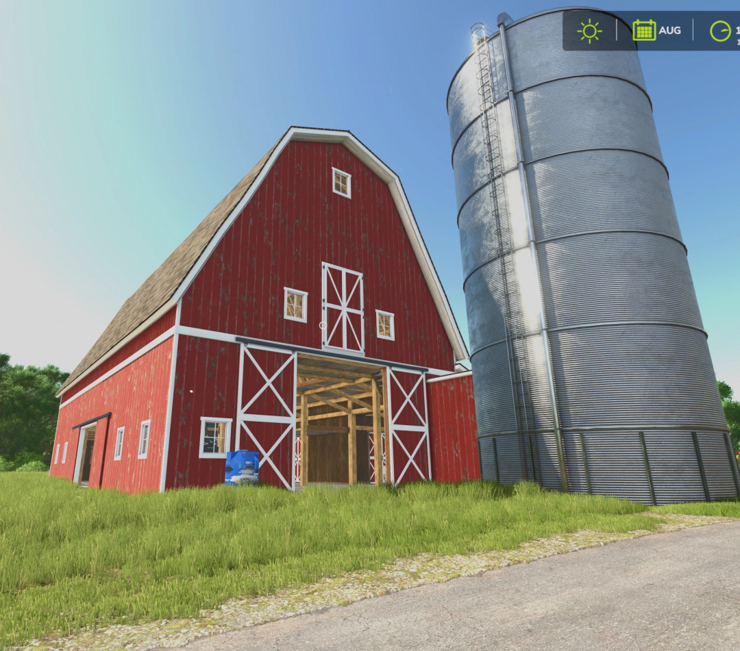 Farming Simulator 25 mod: Farmbarn from FS22 v1.0.0.2 featuring a red barn and silo under a clear sky.