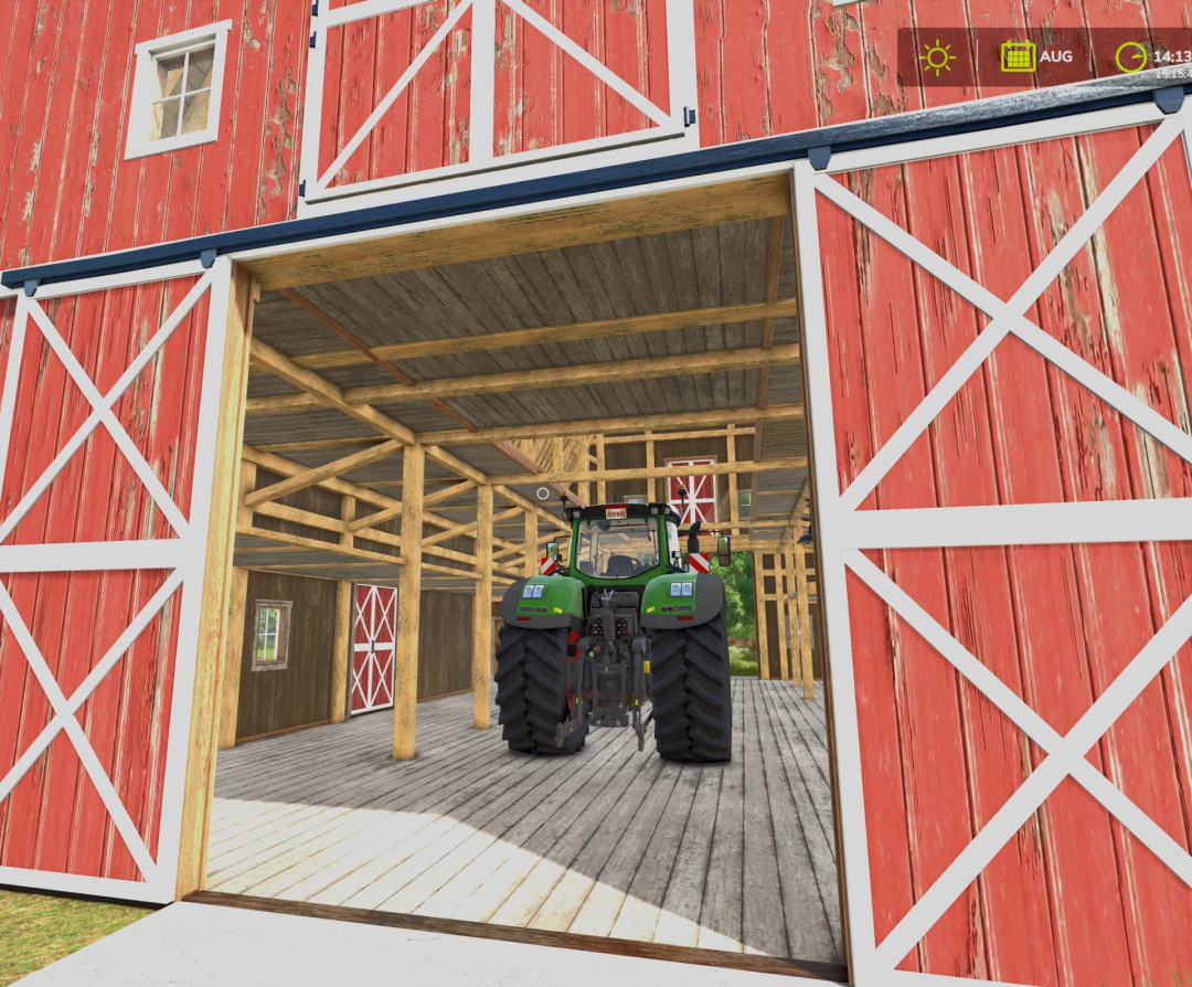 FS25 mod Farmbarn from FS22 v1.0.0.2 with tractor inside, featuring wooden beams and red doors.