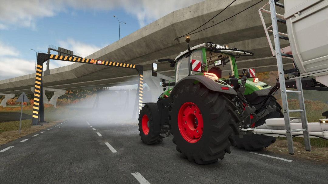 Fendt 700 Vario Edit v1.2.0.0 mod in FS25 under a highway bridge, showcasing realistic tractor details.