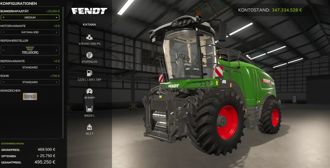 FS25 mod Fendt Katana with tank v1.0.0.0, green harvester in a virtual garage, showing configuration options and specs.