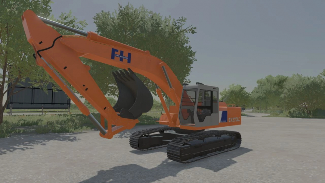 Orange Fiat Hitachi EX270 excavator mod in FS22, parked on a farm under trees.