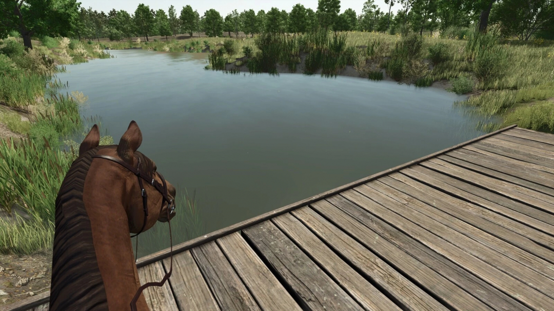 FS25 mod First Person Horse Riding Camera showing a view from a horse near a riverbank, enhancing gameplay realism.