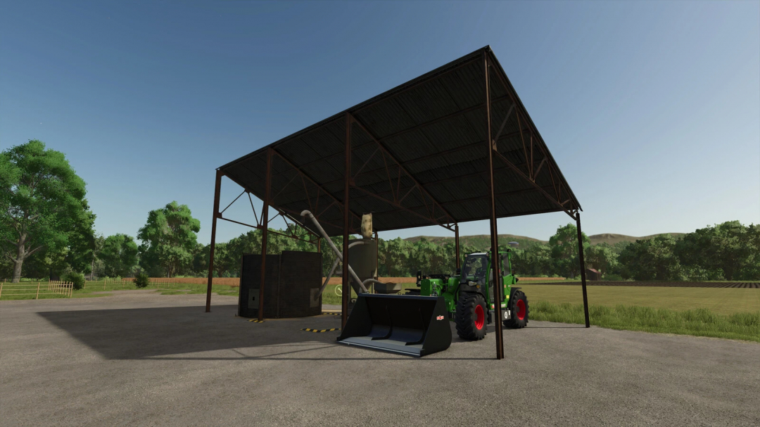 Farming Simulator 25 mod Flour Crusher v1.0.0.0 featuring a tractor under a shelter with equipment on a sunny day.