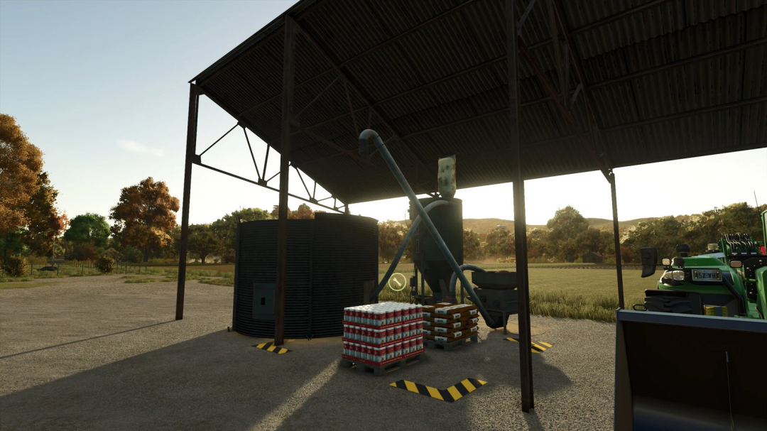 Flour Crusher v1.0.0.0 mod in Farming Simulator 25. The scene shows a crusher machine under a shed, with pallets of flour bags and cans nearby.