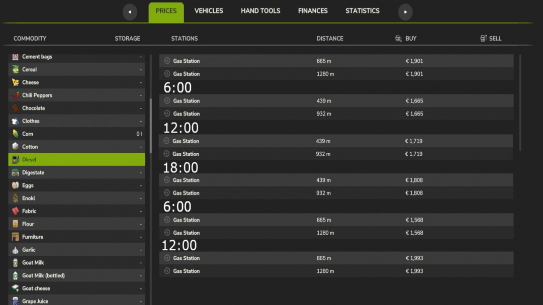 FS25 mod Fluctuating Diesel Price v1.0.0.0 display showing diesel prices at various times and locations.