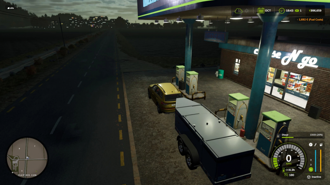 FS25 mod showing fluctuating diesel prices at a gas station during night, with a vehicle refueling in Farming Simulator 25.