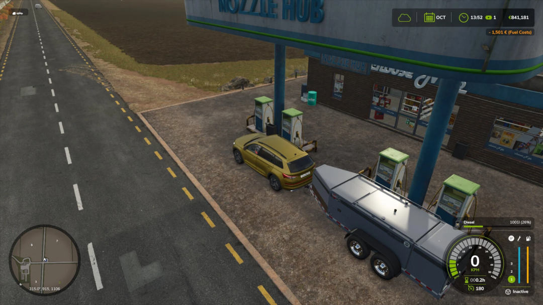 FS25 mod showing fluctuating diesel price at Nozzle Hub gas station with a vehicle and trailer refueling.