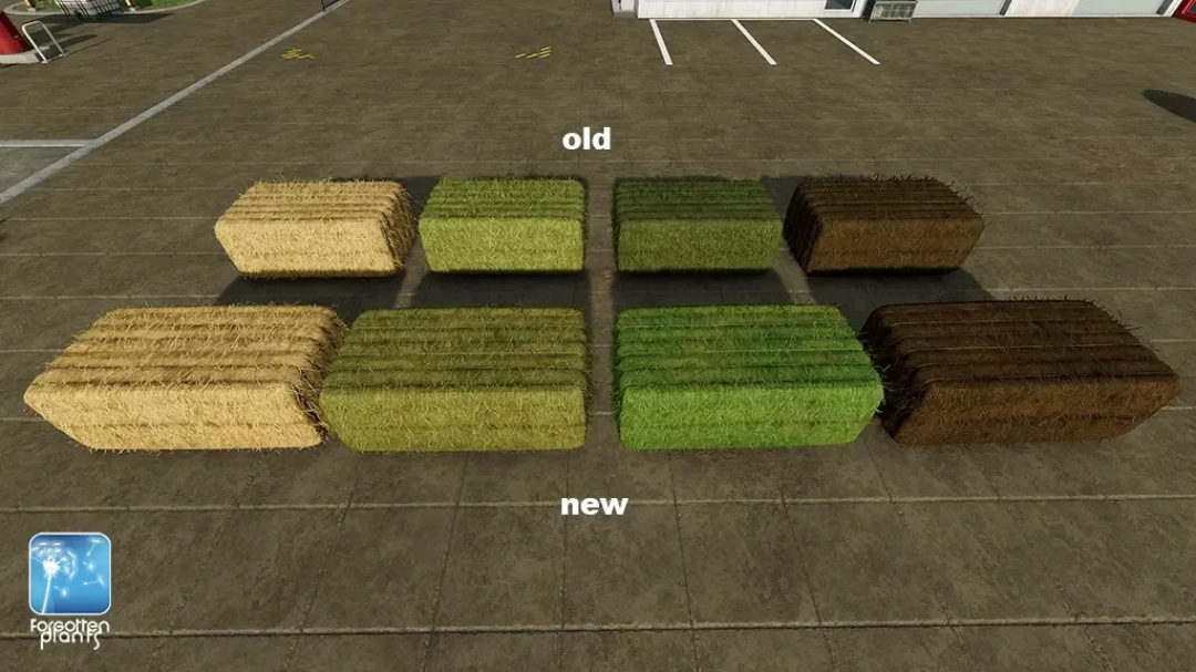 Comparison of old and new bale textures in Forgotten Plants mod for FS25, showcasing four sets of hay and grass bales.