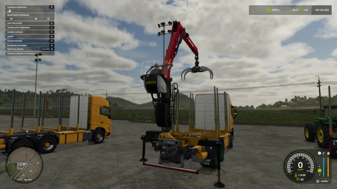 Forst LKW mod in Farming Simulator 25 featuring a yellow forestry truck with a crane attachment in a virtual field.