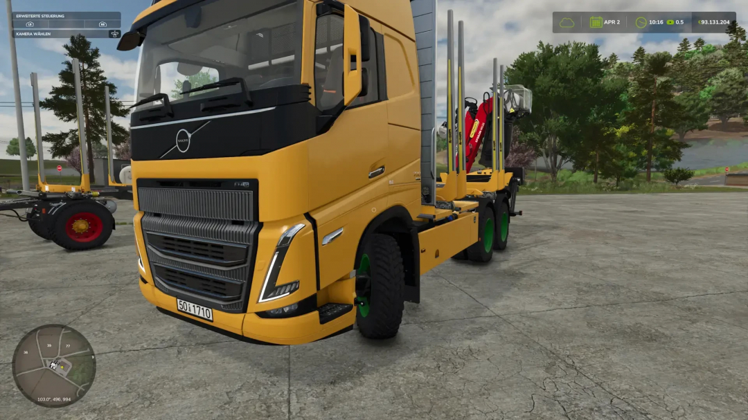 Yellow Forst LKW mod truck in FS25, showcasing logging equipment.