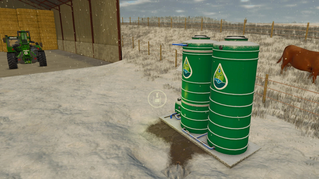 Free Water Tank mod in FS25 snow scene with barn and cow.