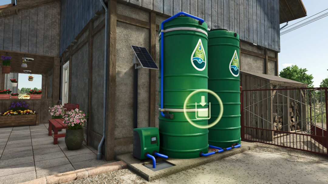 FS25 mod showing free water tank v1.0.0.0 beside a rustic building, enhancing farm simulation realism.