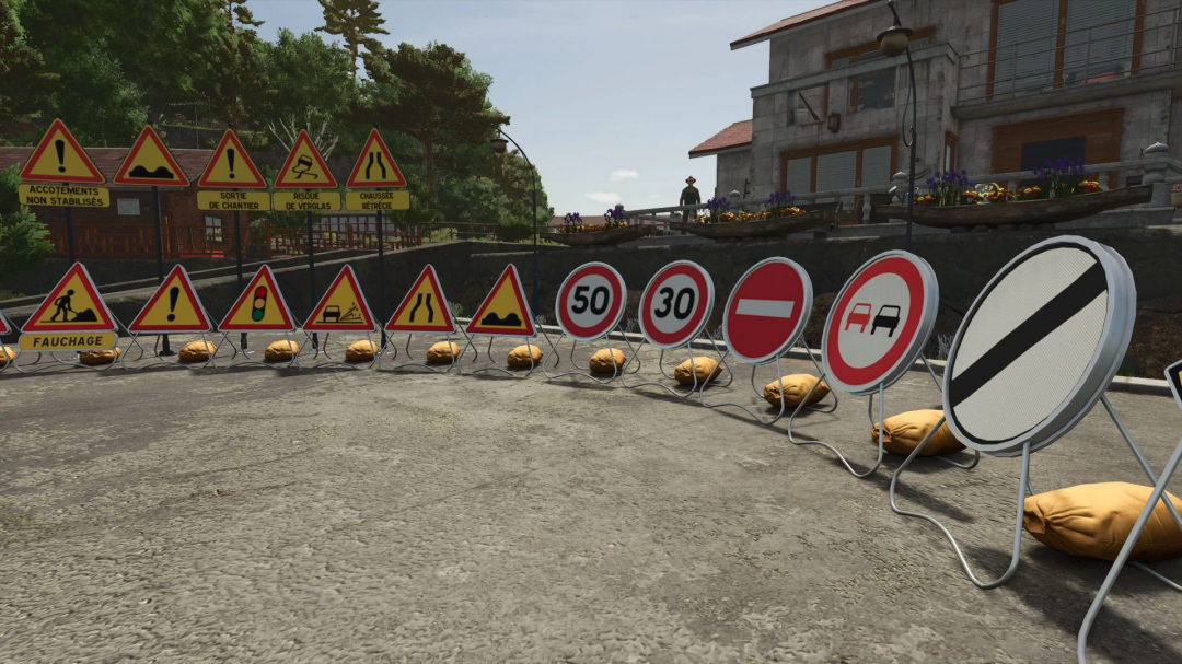 FS25 mod French Temporary Signs v1.0.0.0 displaying various road signs on a construction site.