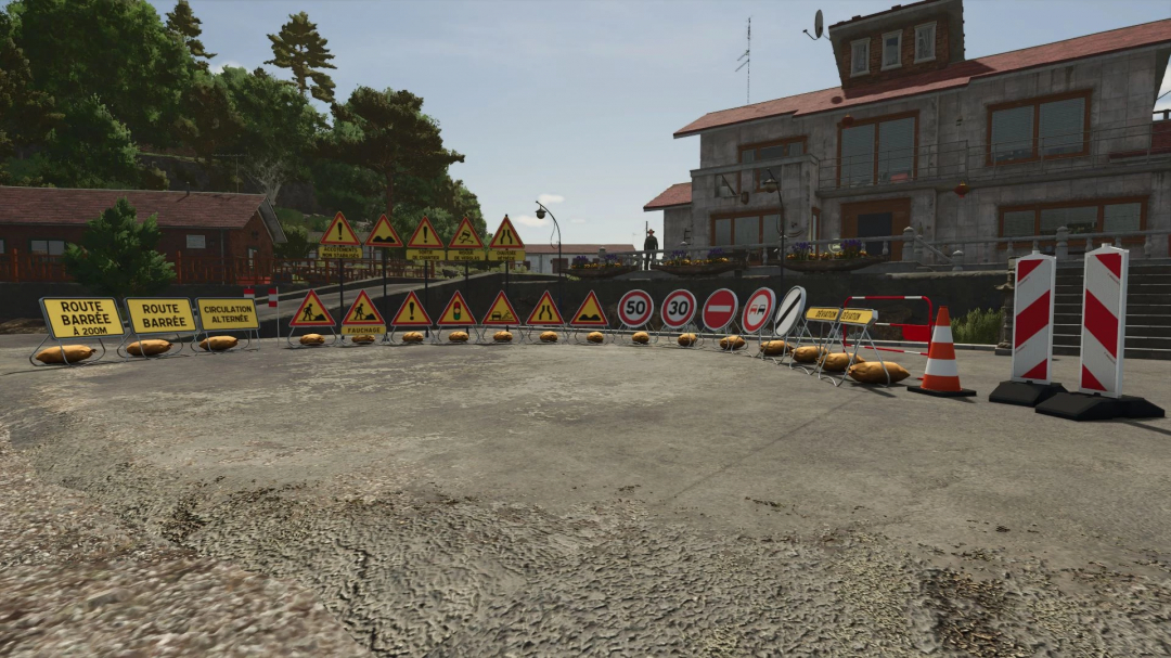 FS25 mods French Temporary Signs depicting various road signs and barriers in Farming Simulator 25.