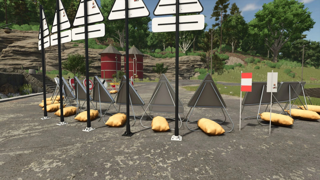 FS25 mod French Temporary Signs v1.0.0.0 featuring various road signs and barriers in a scenic rural setting.