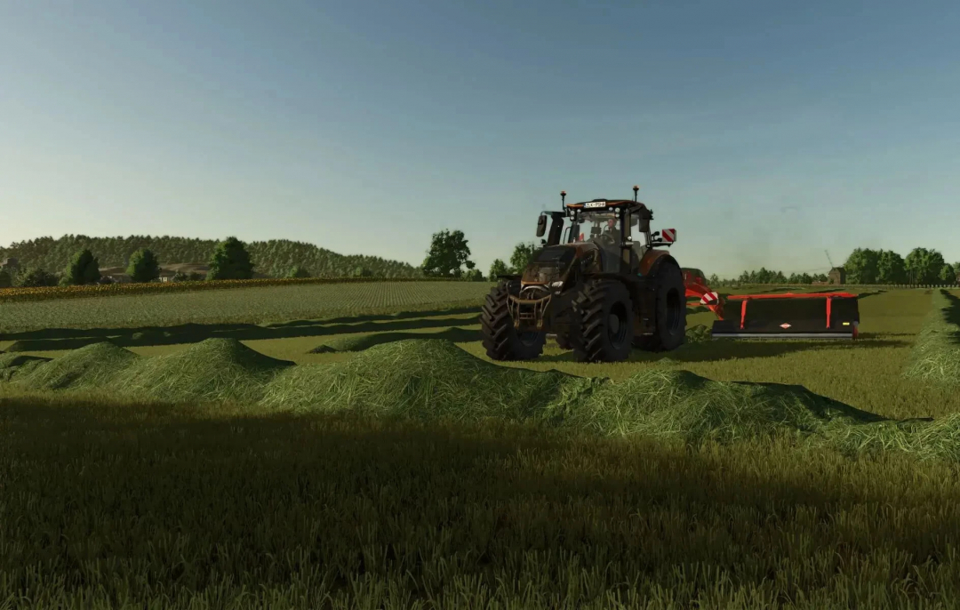 FS25 mod Grass Texture V1.0.1.0 showcasing a tractor mowing a large field with realistic grass textures.