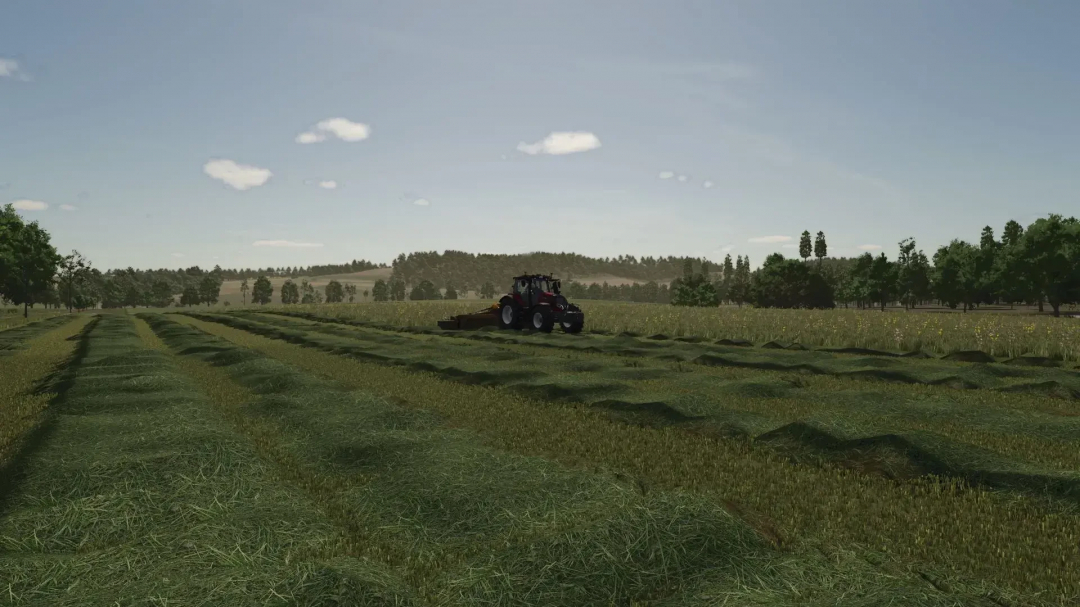 Grass Texture v1.0.2.0 mod in FS25, showing a tractor mowing fields under a clear sky.