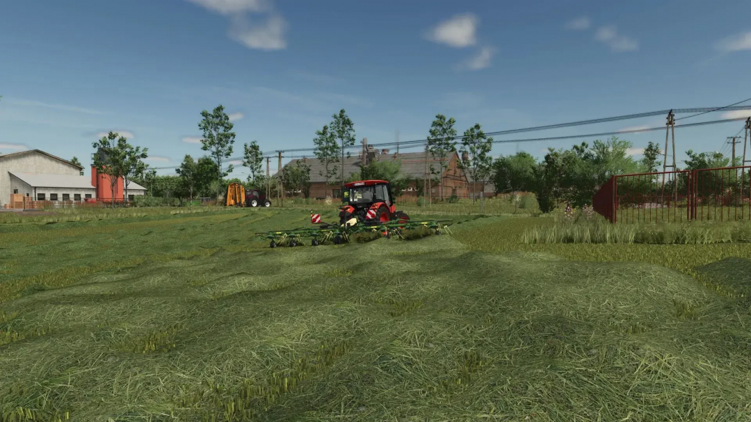 FS25 mod showcasing Grass Texture v1.0.2.0 with a tractor mowing a field on a sunny day.