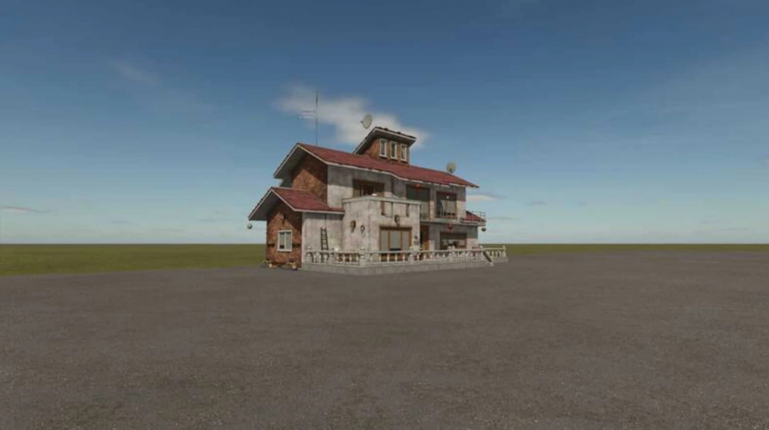 FS25 mod Great Plains 16x V0.1.0.0: large farmhouse on empty lot under blue sky.