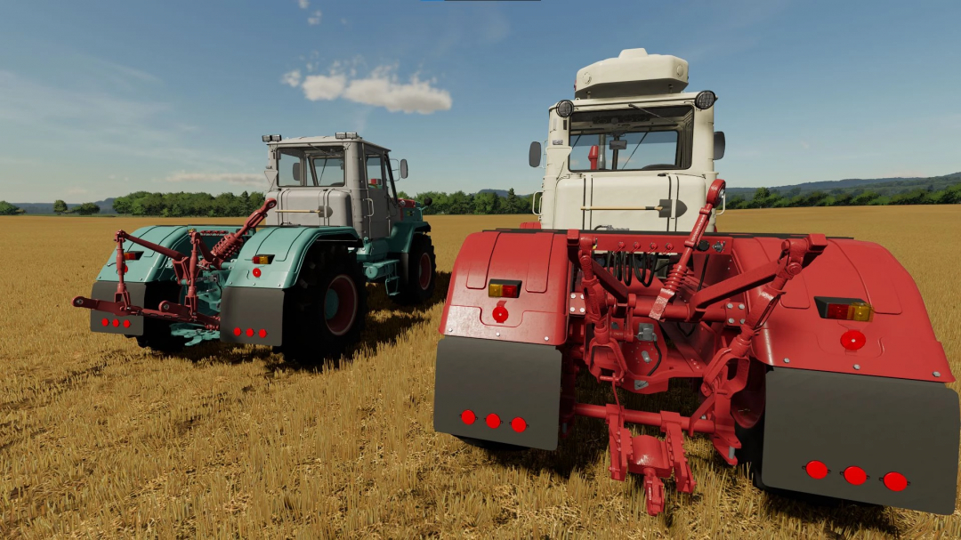 FS22 HTZ T150K V8 mod features two tractors in a field in Farming Simulator 22.