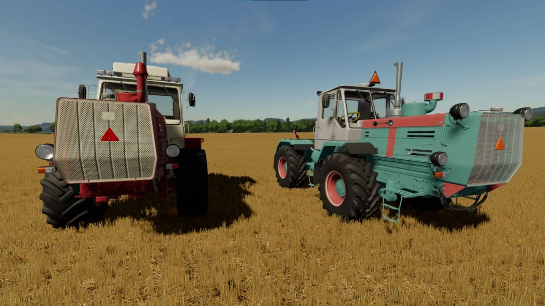 FS22 mods: Two HTZ T150K V8 tractors in a field, showcasing Farming Simulator 22 mod features.