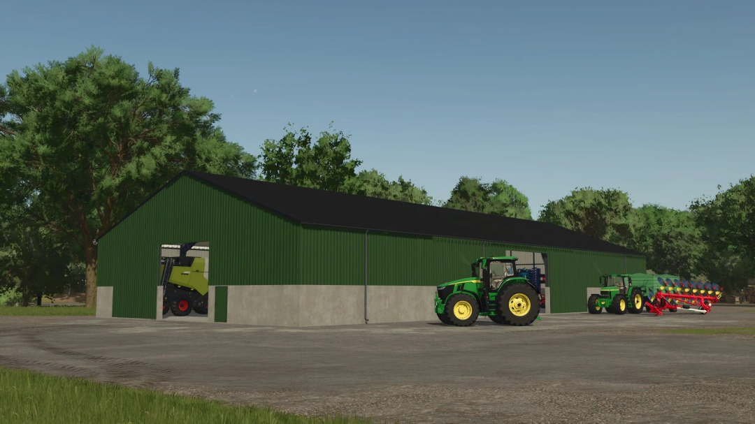 FS25 mods: Hall 45x20m v1.0.0.0, featuring a large green storage building with tractors and equipment outside.