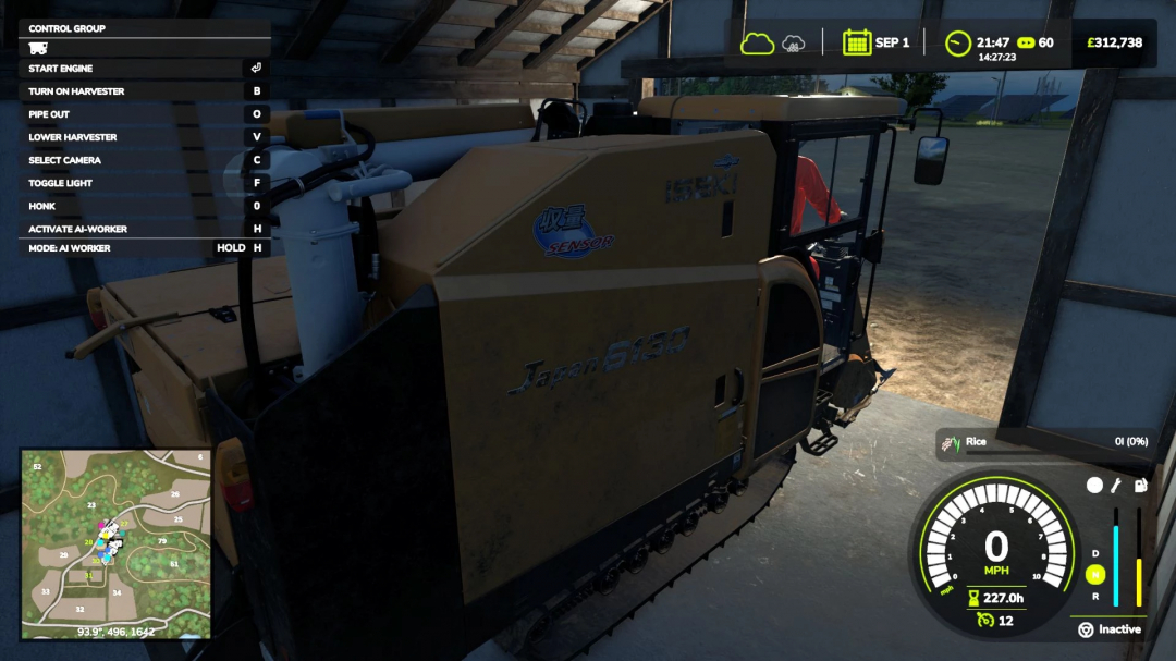 FS25 mod Higher Fuel Usage v1.0.0.0 showcasing harvester controls and dashboard interface.