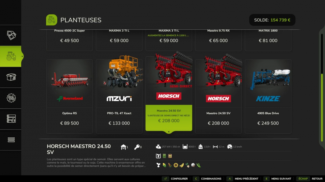 FS25 mods display Horsch Maestro 2450SV Semi-Direct v1.0.0.0 with price €208,000 in Farming Simulator 25.